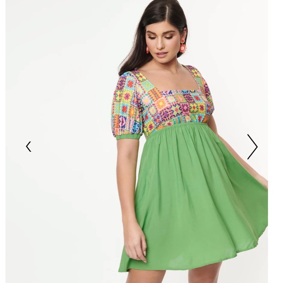 Smak Parlour for Unique Vintage NWT Lime Green & Quilt Pattern Babydoll Dress - Picture 1 of 5